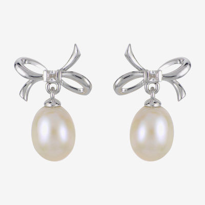 White Cultured Freshwater Pearl Sterling Silver 16mm Bow Stud Earrings