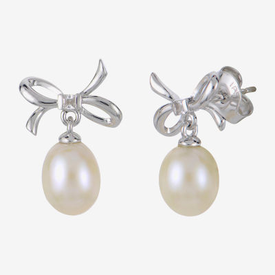 White Cultured Freshwater Pearl Sterling Silver 16mm Bow Stud Earrings