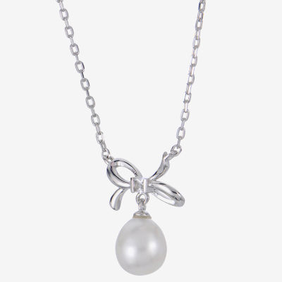 Womens White Cultured Freshwater Pearl Sterling Silver Bow Pendant Necklace