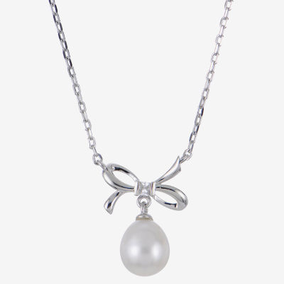 Womens White Cultured Freshwater Pearl Sterling Silver Bow Pendant Necklace