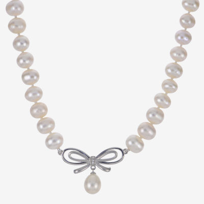 Womens White Cultured Freshwater Pearl Sterling Silver Bow Strand Necklace