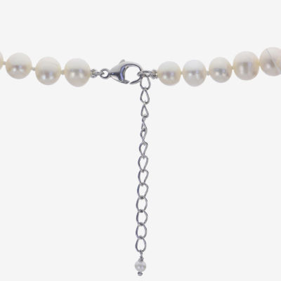 Womens White Cultured Freshwater Pearl Sterling Silver Bow Strand Necklace