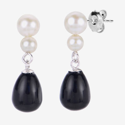 Black Onyx Cultured Freshwater Pearl Sterling Silver Drop Earrings