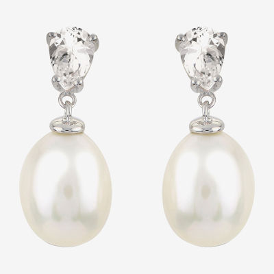Womens White Cultured Freshwater Pearl Sterling Silver Pear Drop Earrings