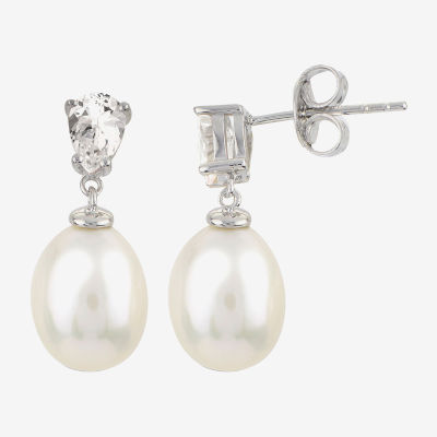 Womens White Cultured Freshwater Pearl Sterling Silver Pear Drop Earrings
