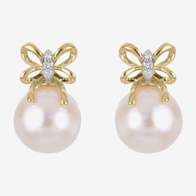 White Cultured Freshwater Pearl 14K Gold 11.5mm Bow Stud Earrings