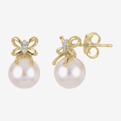 White Cultured Freshwater Pearl 14K Gold 11.5mm Bow Stud Earrings