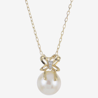 Womens White Cultured Freshwater Pearl 14K Gold Bow Pendant Necklace