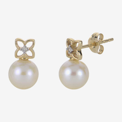 White Cultured Freshwater Pearl 14K Gold 15mm Bow Stud Earrings