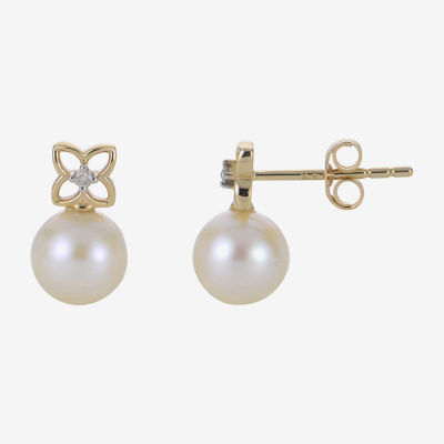 White Cultured Freshwater Pearl 14K Gold 15mm Bow Stud Earrings