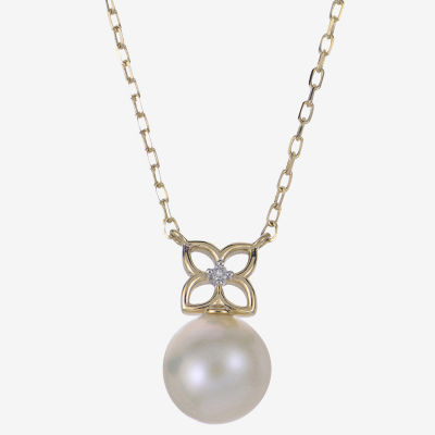 Womens White Cultured Freshwater Pearl 14K Gold Bow Pendant Necklace