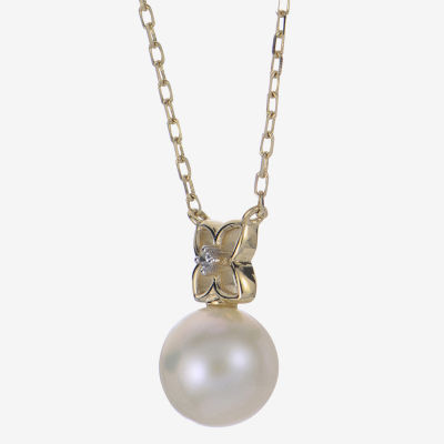 Womens White Cultured Freshwater Pearl 14K Gold Bow Pendant Necklace