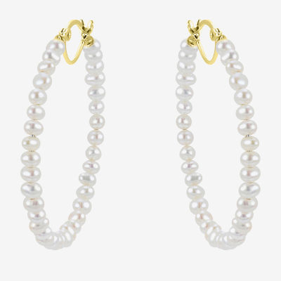 White Cultured Freshwater Pearl 14K Gold 40mm Hoop Earrings