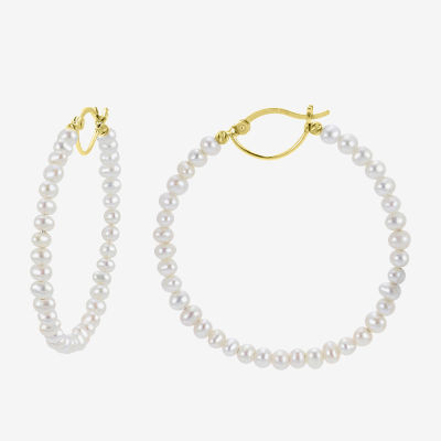 White Cultured Freshwater Pearl 14K Gold 40mm Hoop Earrings