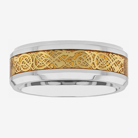 Personalized Mens Filigree Inlay Stainless Steel Wedding Band, 8, Two Tone