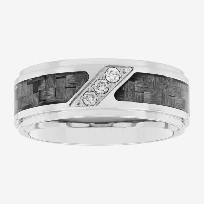 Personalized Mens 1/10 CT.T.W. Natural Diamond 8mm Stainless Steel and Carbon Fiber Wedding Band