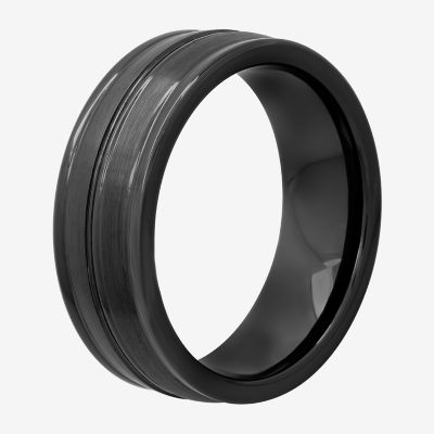 Mens Striped Black Ceramic 8mm Comfort Fit Wedding Band