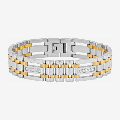 Mens Two-Tone Stainless Steel Cubic Zirconia Bracelet