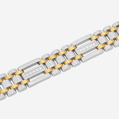 Mens Two-Tone Stainless Steel Cubic Zirconia Bracelet