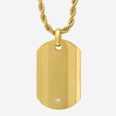 Mens Cubic Zirconia Gold-Tone Ion-Plated Stainless Steel Dog Tag Pendant Necklace