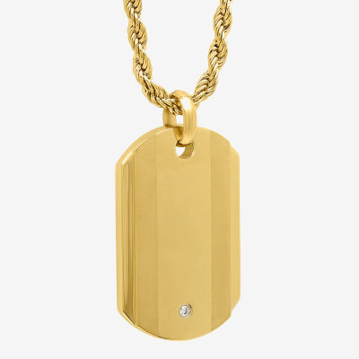 Mens Cubic Zirconia Gold-Tone Ion-Plated Stainless Steel Dog Tag Pendant Necklace