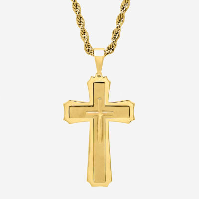 Mens Gold-Tone Ion-Plated Stainless Steel Cross Pendant Necklace