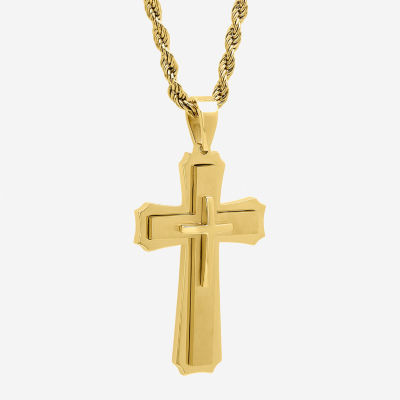 Mens Gold-Tone Ion-Plated Stainless Steel Cross Pendant Necklace