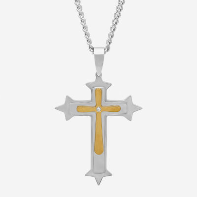 Mens Diamond-Accent Two-Tone Stainless Steel Cross Pendant Necklace