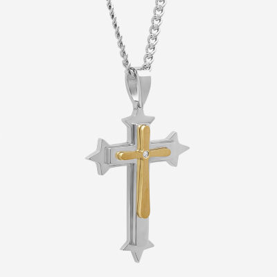 Mens Diamond-Accent Two-Tone Stainless Steel Cross Pendant Necklace