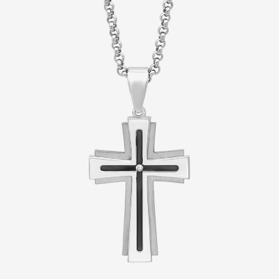 Mens Diamond-Accent Two-Tone Stainless Steel Cross Pendant Necklace