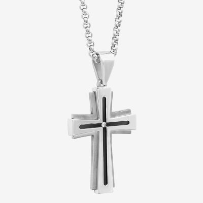 Mens Diamond-Accent Two-Tone Stainless Steel Cross Pendant Necklace