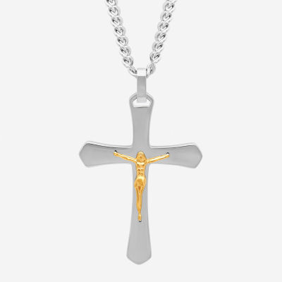 Mens Two-Tone Stainless Steel Crucifix Pendant Necklace