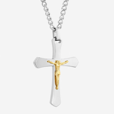 Mens Two-Tone Stainless Steel Crucifix Pendant Necklace