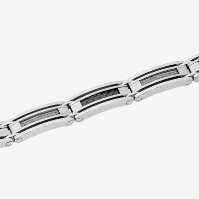 Mens Stainless Steel and Black Carbon Fiber Cable Link Bracelet