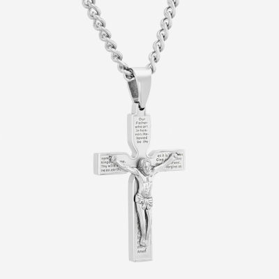 Mens Stainless Steel Lord's Prayer Crucifix Cross Pendant Necklace