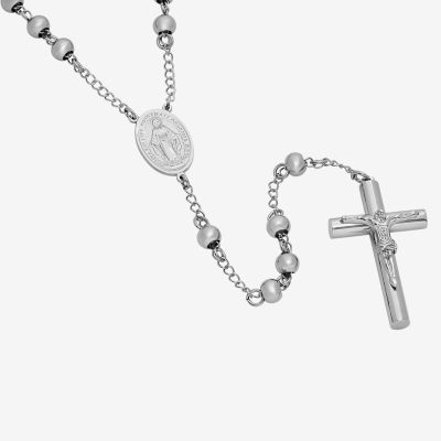 Mens Stainless Steel 36” Cross Rosary Necklace