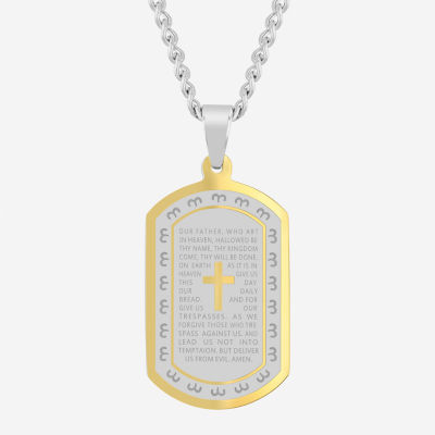 Mens Lord's Prayer Cross Dog Tag Stainless Steel Pendant Necklace