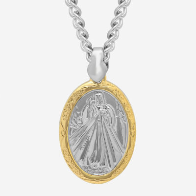 Mens Stainless Steel Divine Mercy Medallion Oval Pendant Necklace