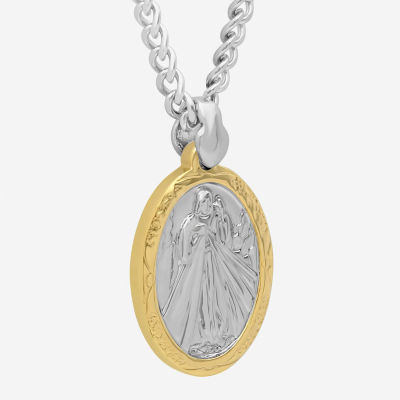 Mens Stainless Steel Divine Mercy Medallion Oval Pendant Necklace