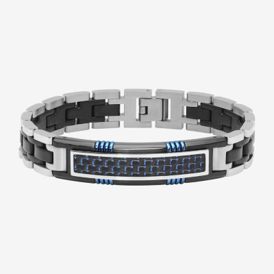 Mens 8.5 Inch Stainless Steel Carbon Fiber ID Bracelet