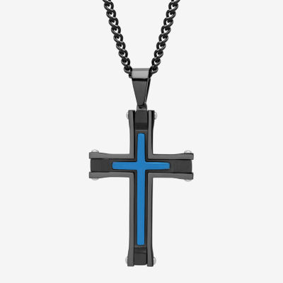 Mens Stainless Steel Black & Blue IP Cross Pendant Necklace