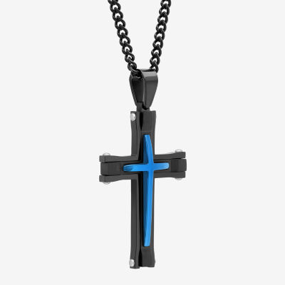 Mens Stainless Steel Black & Blue IP Cross Pendant Necklace