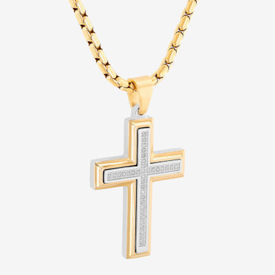 Mens 1/5 CT. T.W. White Diamond Stainless Steel Cross Pendant Necklace