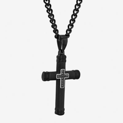 Mens Diamond Accent Natural Black Diamond Stainless Steel Cross 24 Inch Pendant Necklace