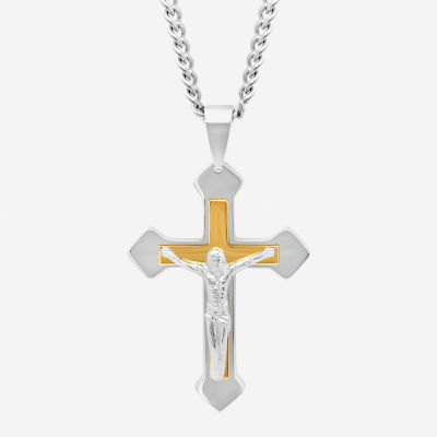 Mens Two-Tone Stainless Steel Crucifix Pendant Necklace