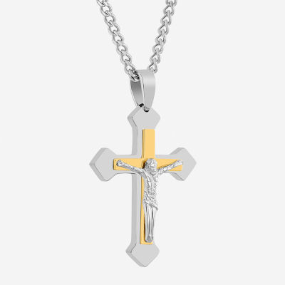 Mens Two-Tone Stainless Steel Crucifix Pendant Necklace