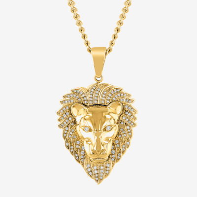 Lion Mens White Cubic Zirconia Stainless Steel Pendant Necklace