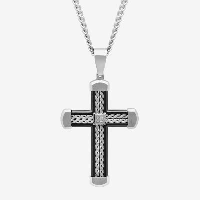 Mens Diamond Accent Stainless Steel with Black IP Braid Design Cross Pendant Necklace