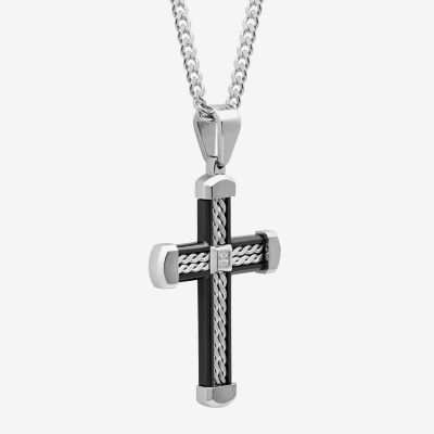 Mens Diamond Accent Stainless Steel with Black IP Braid Design Cross Pendant Necklace