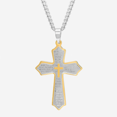 Mens Stainless Steel Lord's Prayer Cross Pendant Necklace